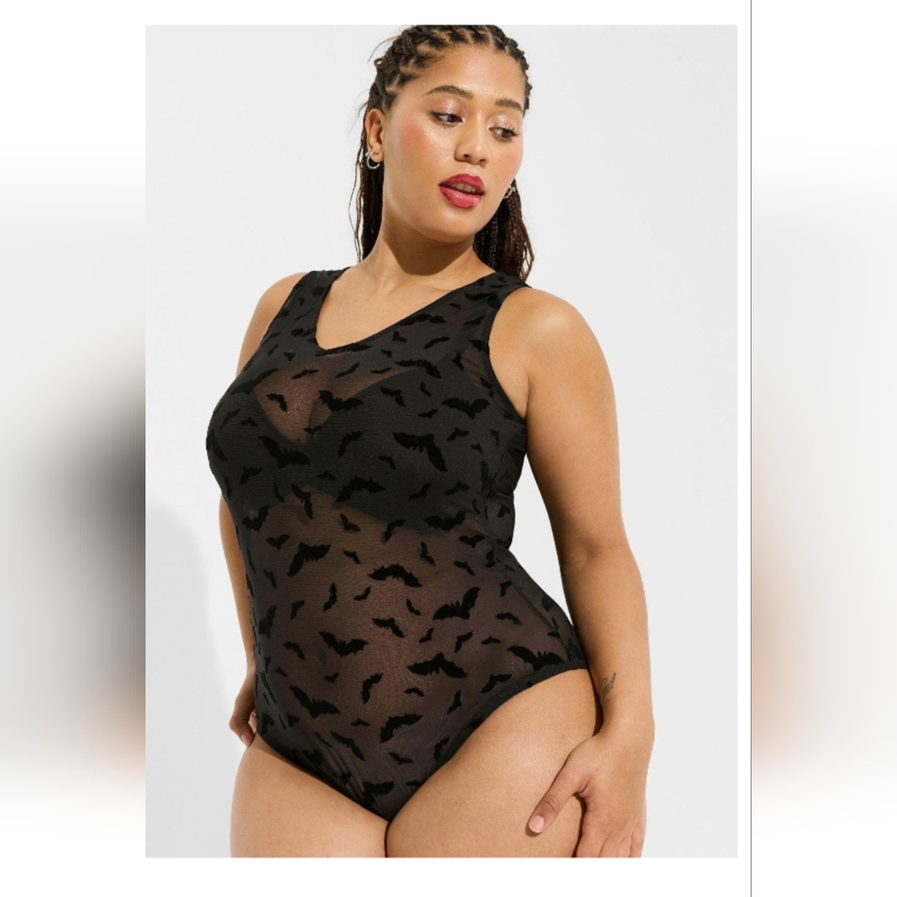Torrid Flocked Mesh Black Body Suit Stormy Bats 1x, Or 3x Or 4x New With Tags